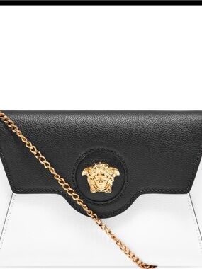Versace Black and White Leather Crossbody with Gold Medusa Accent